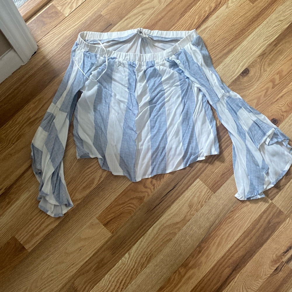 LF blue and white striped off shoulder long sleeve crop